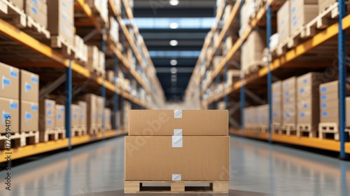 Vaccines protection distribution concept. Warehouse with stacked boxes on a pallet in an aisle.