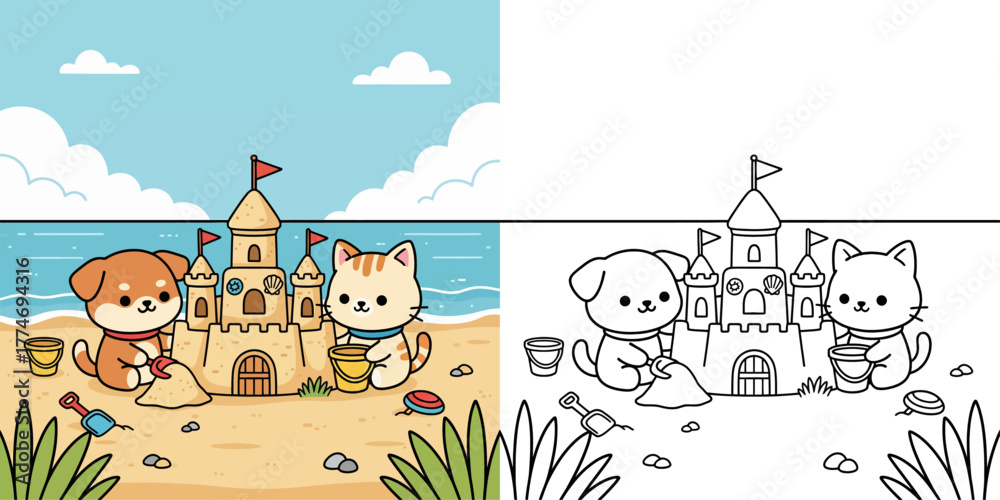 Fototapeta premium Cartoon Dog and Cat Building Sandcastle on Beach, Color and Line Art