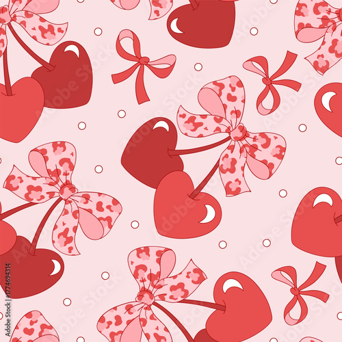 Romantic Retro Coquette Heart Shaped Cherry Bow Seamless Pattern, Girlish Valentines Day Background for Textile and Wrapping Paper Design