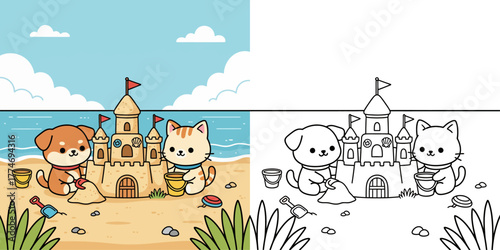 Cartoon Dog and Cat Building Sandcastle on Beach, Color and Line Art