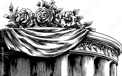 Vintage engraved floral relief with draped fabric motif for retro design