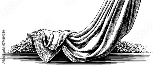 Draped fabric and floral motif in engraved relief for vintage design