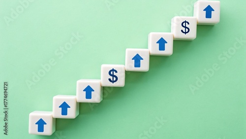 Value Steps – Front View Conceptual Symbolism, Dollar and Arrow Blocks in Diagonal Staircase, Financial Growth Metaphor, Light Green Background