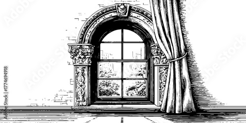 Renaissance arched window with sculptural details engraving for historical design