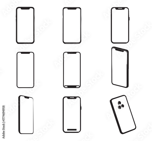 Smartphone icons with blank screens, angled differently. Smartphones in a row, featuring sleek designs. Blank screens ready to be customized. Smartphones with blank screens. A series of smartphone 