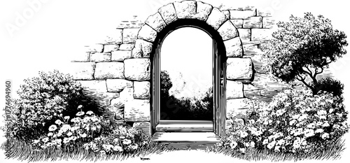 Renaissance arched window with sculptural detail and garden scene for historical design