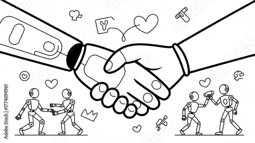 Robot and human handshake partnership and collaboration concept vector line art illustration isolated on white background