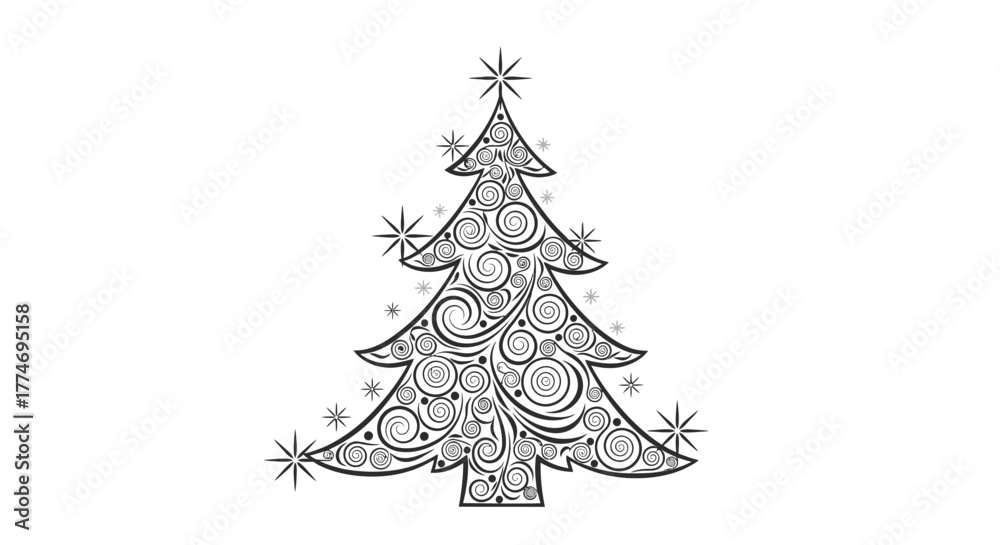 Fototapeta premium Detailed black and white illustration of a decorated Christmas tree.