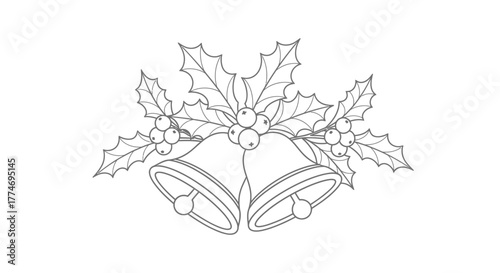 Line art drawing of two festive Christmas bells adorned with holly leaves and berries, perfect for holiday coloring activities.