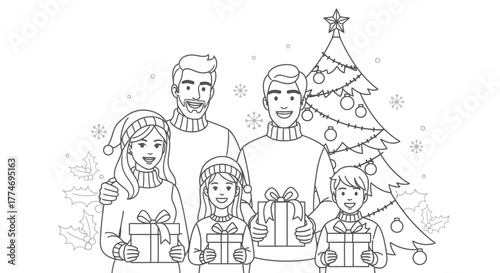 A family of five celebrating Christmas with gifts and a decorated tree, line art illustration for coloring.