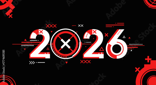 The year 2026 depicted in a bold, futuristic red and white font on a black background.