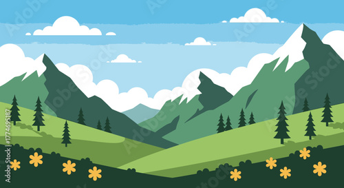 A beautiful cartoon landscape featuring green mountains, rolling hills, pine trees, and yellow flowers under a blue sky with white clouds.