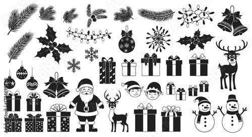 A comprehensive collection of black and white Christmas holiday silhouettes including Santa, reindeer, snowmen, gifts, ornaments, bells, and festive foliage.