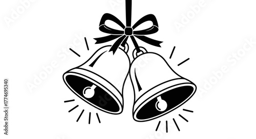 A black and white illustration of two wedding bells tied together with a ribbon and bow.