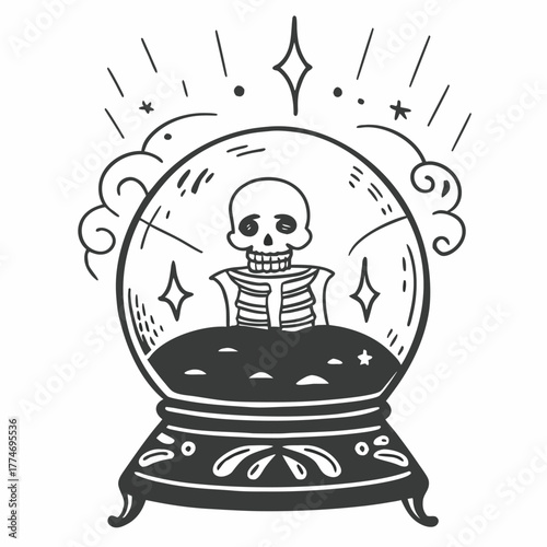 Mystical Crystal Ball with Skeleton Illustration