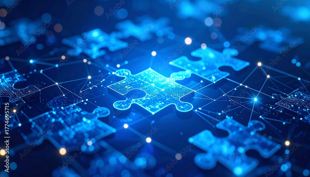 Obraz premium Digital puzzle pieces with interconnected data, blue technology, and network concept background.