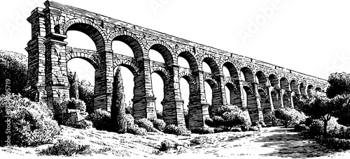 Historic roman aqueduct arch with stone texture and detailed engraving for architectural design