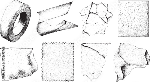 Black and white stippled illustrations of tape roll and torn paper fragments vector