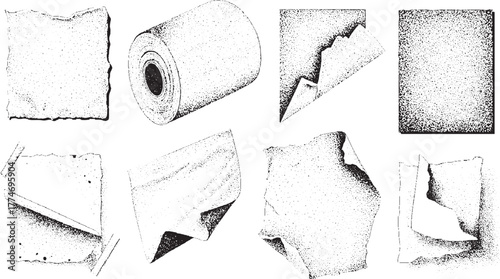Collection of torn paper scraps and a roll of paper rendered in stippled black and white texture