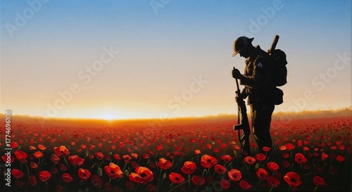 Soldier standing with rifle in poppy field at sunset  