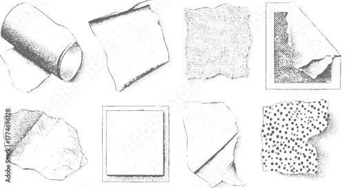 Collection of eight grey textured paper scraps and torn edges on white background vector