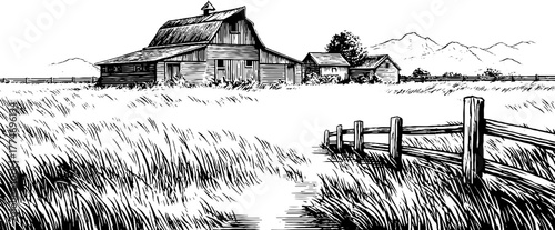 Engraved rustic farmhouse landscape with barn and wheat field in countryside setting