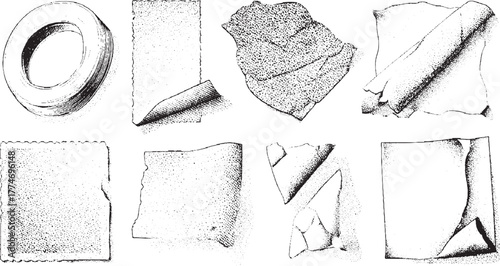 Collection of eight black and white stippled illustrations of paper objects and a ring torn ripped