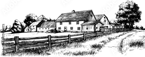 Rustic farmhouse in wheat field with barn and trees for vintage design