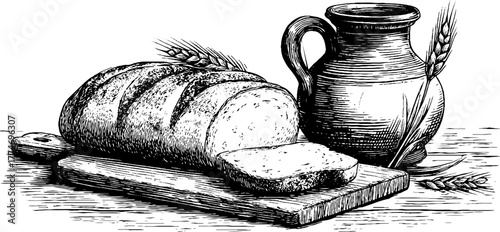 Rustic kitchen scene with clay jug and bread loaf engraving for culinary decor
