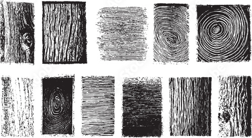 Collection of black and white wood grain and fingerprint textures pattern
