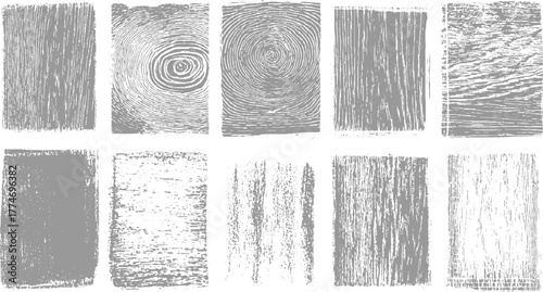 Ten grey textured abstract backgrounds and patterns including wood grain and fingerprint swirls vector