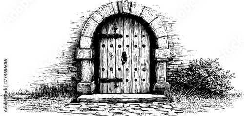 Engraved rustic wooden door iron studs stone threshold design home decor architecture vintage sketch hand drawn engraving illustration. Classic antique entrance with detailed craftsmanship.
