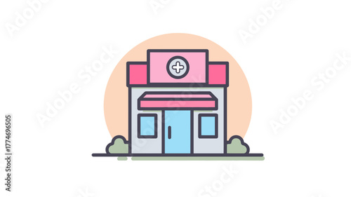 A colorful illustrated clinic building icon with medical cross sign