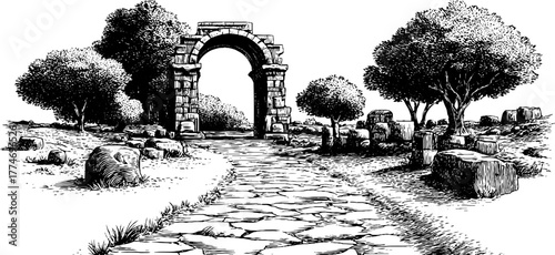 Ancient road through archway ruins - vintage engraved landscape for historical design