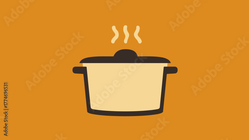 A cooking pot icon with steam rising against orange backdrop
