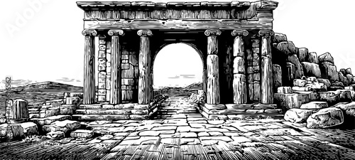 Ancient archway ruins with road: vintage engraved scene for historical design use