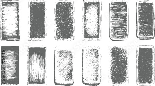 Collection of twelve rectangular textured graphic elements with rough edges rectangle frame