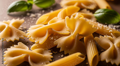 Close-up of Dry Pasta with Basil and Sprinkled Parmesan Cheese
An appealing, extreme close-up shot of a mix of uncooked Italian pasta shapes, primarily farfalle (bow-tie) and penne tubes