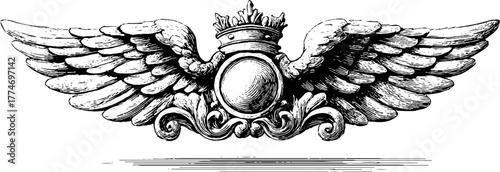 Vintage cherub relief with symmetrical design and scroll elements for artistic decor