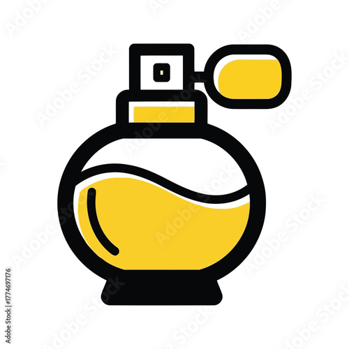 Round perfume bottle with yellow liquid isolated on transparent background