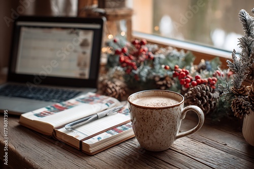 Hot chocolate on a wooden table with a laptop and christmas decorations