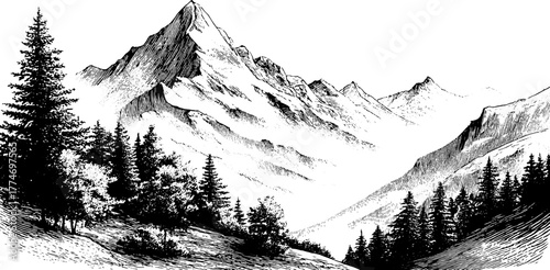 Mountain landscape with diagonal hatching engraved design for artistic projects