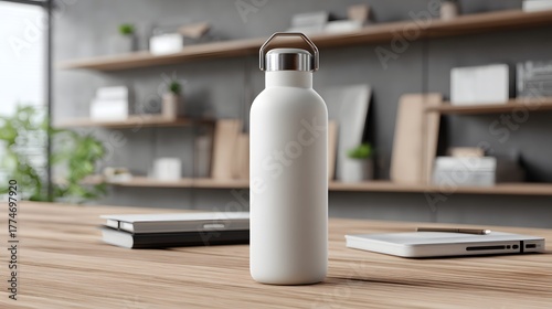 Modern stainless steel water bottle mockup on wooden desk in stylish office interior with blurred background and natural light