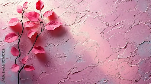 Pink textured wall with abstract branch featuring vibrant leaves and gentle shadows for minimalist design