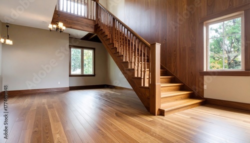 Elegant wooden staircase and flooring in a modern with lightfilled home interior.