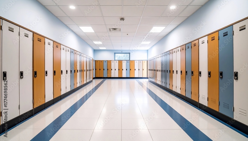 Fototapeta premium Empty School Locker Room Hallway with Colorful Lockers and Bright Lighting.