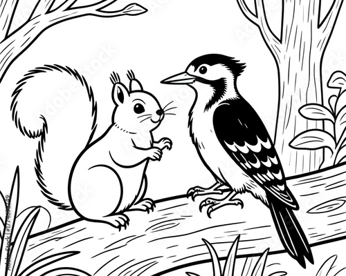 Squirrel and woodpecker build a treehouse