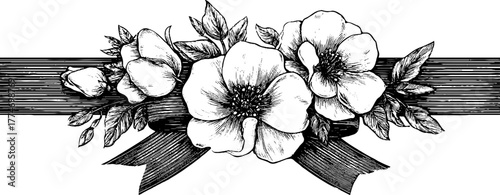 Vintage floral engraving seamless frame with ribbon ornament for design