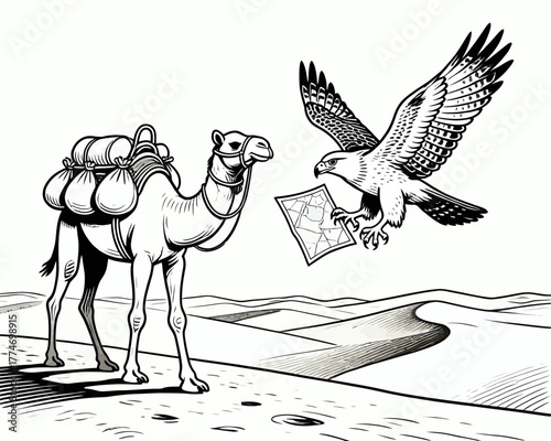 Camel and falcon guide travelers through desert dunes