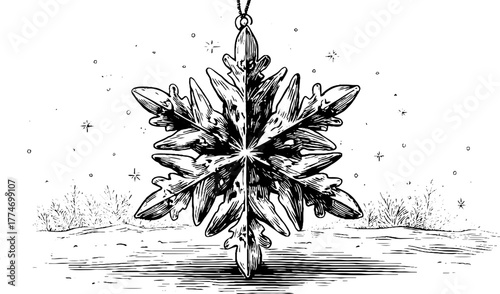 Vintage hand-drawn snowflake ornament with symmetrical details for holiday decor